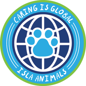 Isla animals round logo with the brand colors and the slogan "caring is global", the name of the rescue Isla Animals
